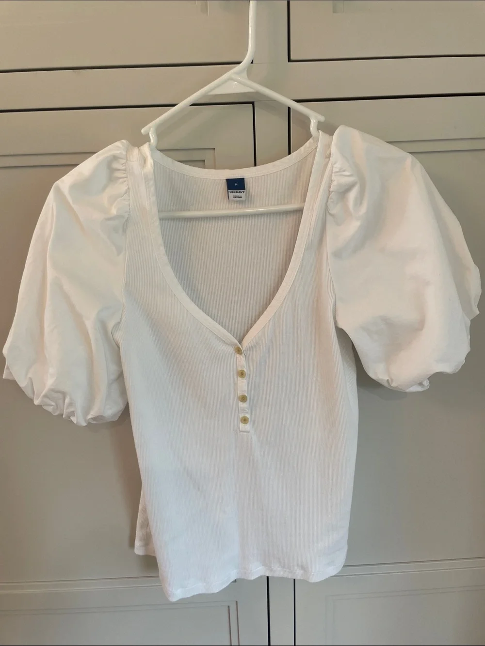 Old Navy White Puff Sleeve Henley Top